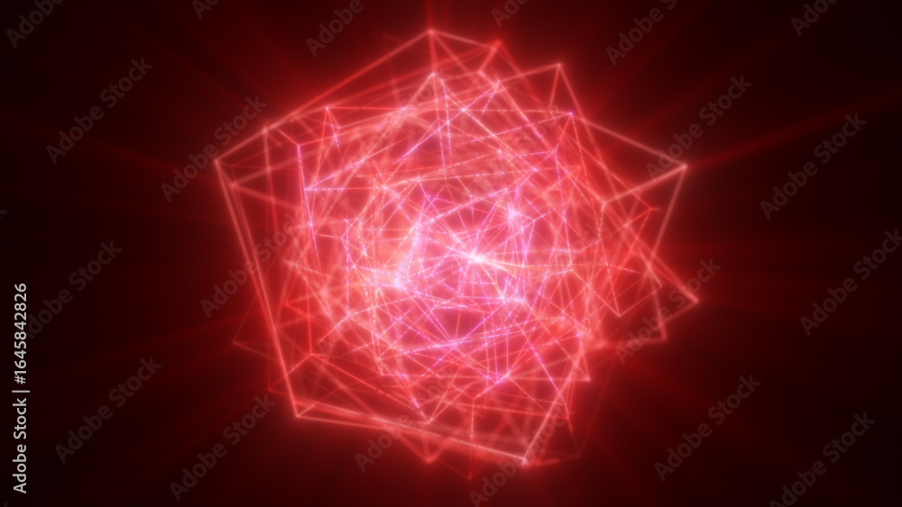 Poster vibrant red glowing digital sphere with dynamic interconnected lines and energy spark effects on a d