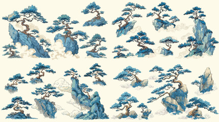 Chinese Mountain Landscape Illustration
Description: Elegant Chinese mountain landscape illustration with pine trees and mist, inspired by traditional ink painting, perfect for cultural art projects.