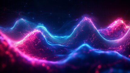 A futuristic neon soundwave created by glowing pink and blue particles on a dark background.

