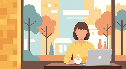 Illustration of a Woman Working on a Laptop with Cityscape Background and Warm Tones