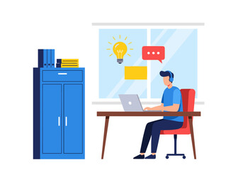 Young man working on a laptop at his desk in a modern office with a large window and creative icons floating around him