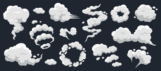 Cartoon smoke clouds white steam and vapor puffs, explosion and dust swirl elements, fog and mist shapes, comic style air blast game graphics, gas trail, fume ring. Vector isolated set