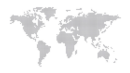 Halftone world map with dot pattern, dotted globe continents graphic, black and white Earth planet, global geography elements, digital simple travel infographics. Vector isolated concept