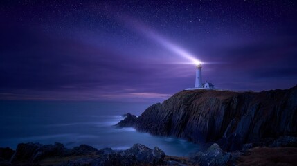 Lighthouse illuminated coastline night