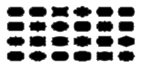Black decorative label silhouettes, vintage frame shapes, retro outline badge, ornate geometric borders, empty tag design graphics, shield elegant royal crest emblem, retro sticker. Vector set