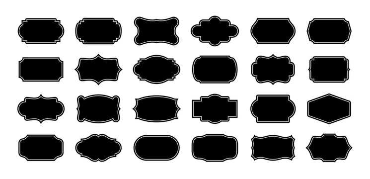 Black decorative label silhouettes, vintage frame shapes, retro outline badge, ornate geometric borders, empty tag design graphics, shield elegant royal crest emblem, retro sticker. Vector set