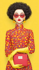 Vibrant illustration of a stylish woman with an afro, wearing colorful attire and accessories against a bright yellow background.