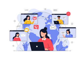 Global collaboration through digital communication and virtual meeting platforms connecting diverse teams worldwide