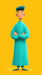 A colorful illustration of a smiling character in a long teal garment against a bright yellow background.