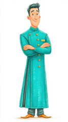 A cartoon character in a teal uniform stands confidently with arms crossed, exuding a friendly demeanor.