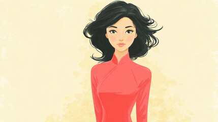 Illustration of a woman in traditional attire with flowing hair against a soft background, conveying elegance and cultural beauty.