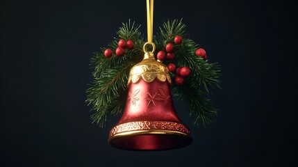 A festive christmas bell ornament with red berries and pine needles hanging from a gold ribbon