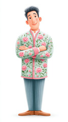 A cheerful man in a floral-patterned coat stands confidently with arms crossed, showcasing a friendly demeanor.