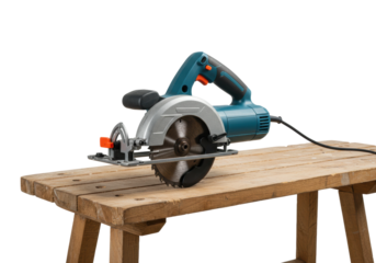 Powerful circular saw in use on wooden workbench diy project workshop environment. Cut out png