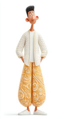 A stylish animated character wearing patterned pants and a light jacket, exuding a casual and trendy vibe.