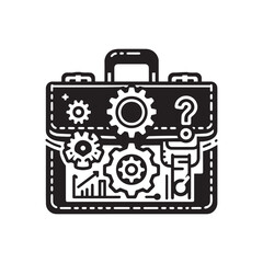 Briefcase with Gear Icon Black and White Vector