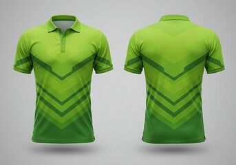 Lime Green Polo Shirt with Geometric Design, Front and Back View.