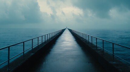 Obraz premium Lone figure walks a long, wet pier into a misty, atmospheric ocean expanse under dramatic clouds