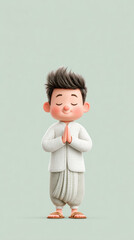 A cute cartoon boy with a joyful expression, hands together in a prayer gesture, wearing traditional attire against a soft green background.