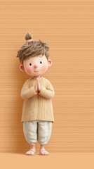 A cute, animated character with a joyful expression, standing with hands in a prayer pose against a striped orange background.