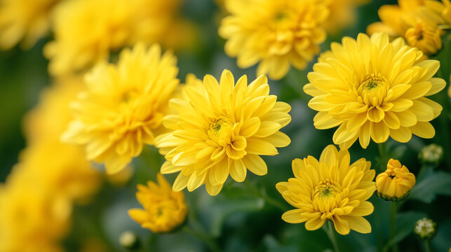 鮮やかな黄色い菊の花のクローズアップ/Close-up of vibrant yellow chrysanthemum flowers