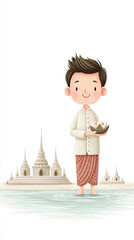 A young boy stands with a traditional offering in front of ornate pagodas, showcasing cultural heritage and artistry.