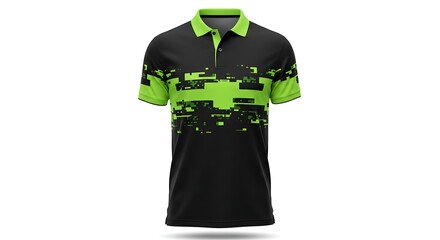 Close-up of a lime green and black polo shirt with a digital graphic design.