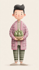 A character in traditional attire holds a bowl of green plants, showcasing cultural elements and a cheerful demeanor.