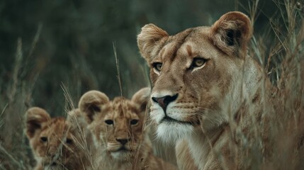 Fototapeta premium Lioness and cubs in natural habitat
