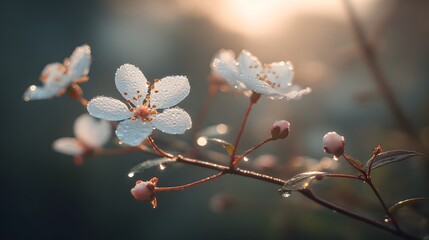 Delicate blossoms covered in morning dew.