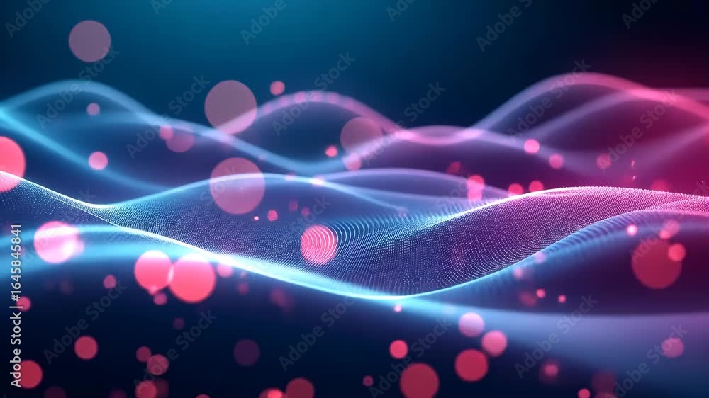 Poster dynamic abstract wave motion with vibrant digital particles and neon highlights