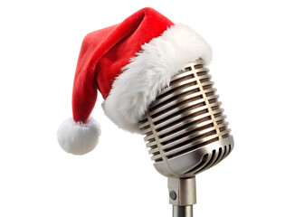 vintage mic with santa hat isolated on white background PNG , AI GENERATED