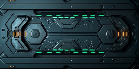 Fototapeta premium An abstract, futuristic, and highly detailed dark metallic panel with glowing green lights. 