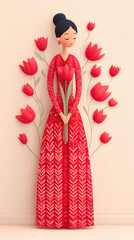 A woman in a red dress holds tulips surrounded by flowers, showcasing a vibrant and artistic floral theme.