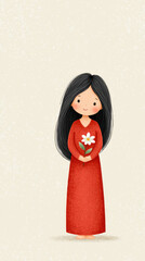 A cheerful girl in a red dress holds a flower, showcasing a whimsical and artistic style against a light background.