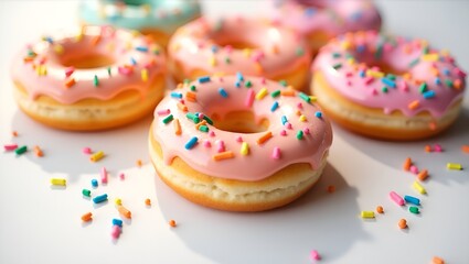 Top view of pastel-colored donuts with rainbow sprinkles and glossy glaze, arranged neatly on a white background
