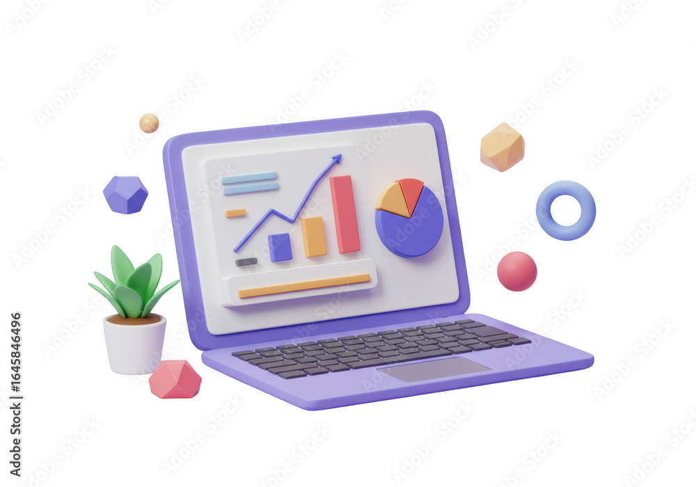 Poster laptop with analytics isolated on transparent background