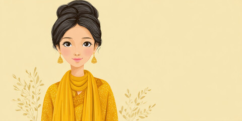 A young woman with long dark hair, wearing a yellow scarf, surrounded by floral elements on a soft yellow background.