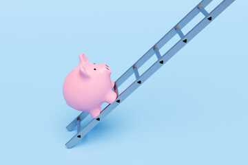 Pink piggy bank is climbing up a steel ladder on a light blue background. Illustration of the concept of the ladder of success and winning in wealth accumulation