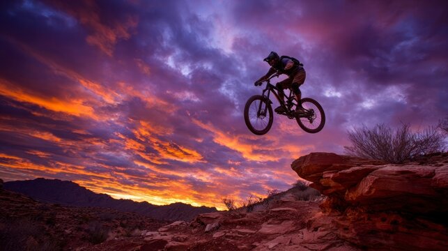 Mountain biker jumping sunset silhouette - Powered by Adobe