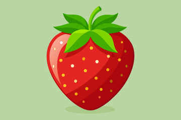 A vibrant cartoon strawberry with green leaves and yellow seeds on a light green background