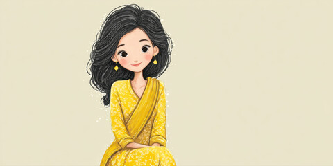 A whimsical illustration of a young woman in a yellow dress, smiling gently against a soft beige background.