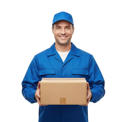 Smiling delivery person holding a package isolated on transparent background