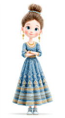 A young girl in a traditional blue dress with intricate patterns, styled hair, and sneakers, exuding a whimsical and charming vibe.