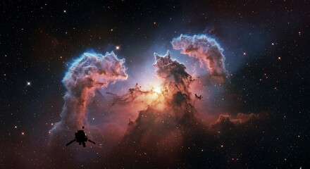 Obraz premium Nebula with Spacecraft and Stars