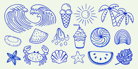 Blue line drawing summer beach icons and elements
