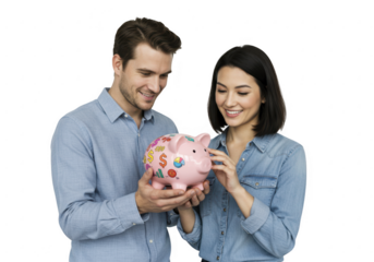 Couple holding piggy bank isolated on transparent background