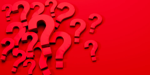 Pile of red Question Marks on red background with copy space - 3D illustration
