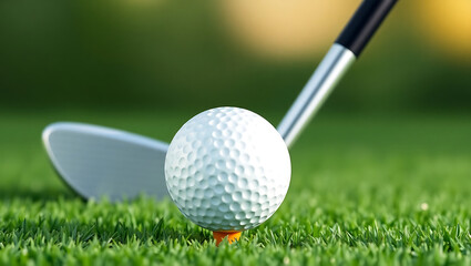 Close-Up of Golf Club and Ball on Tee &mdash; Precision Shot Setup on Green Fairway
