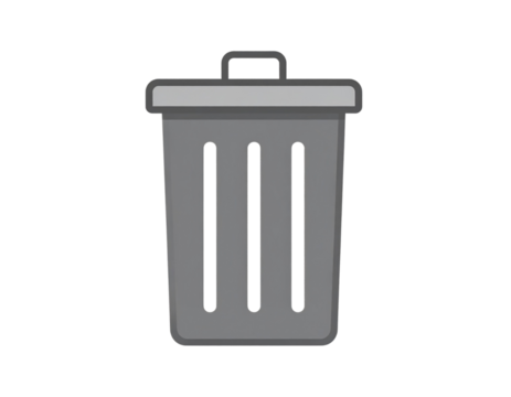 Flat Gray Trash Bin Icon with Lid and Vertical Lines, Front View, isolated on transparent background